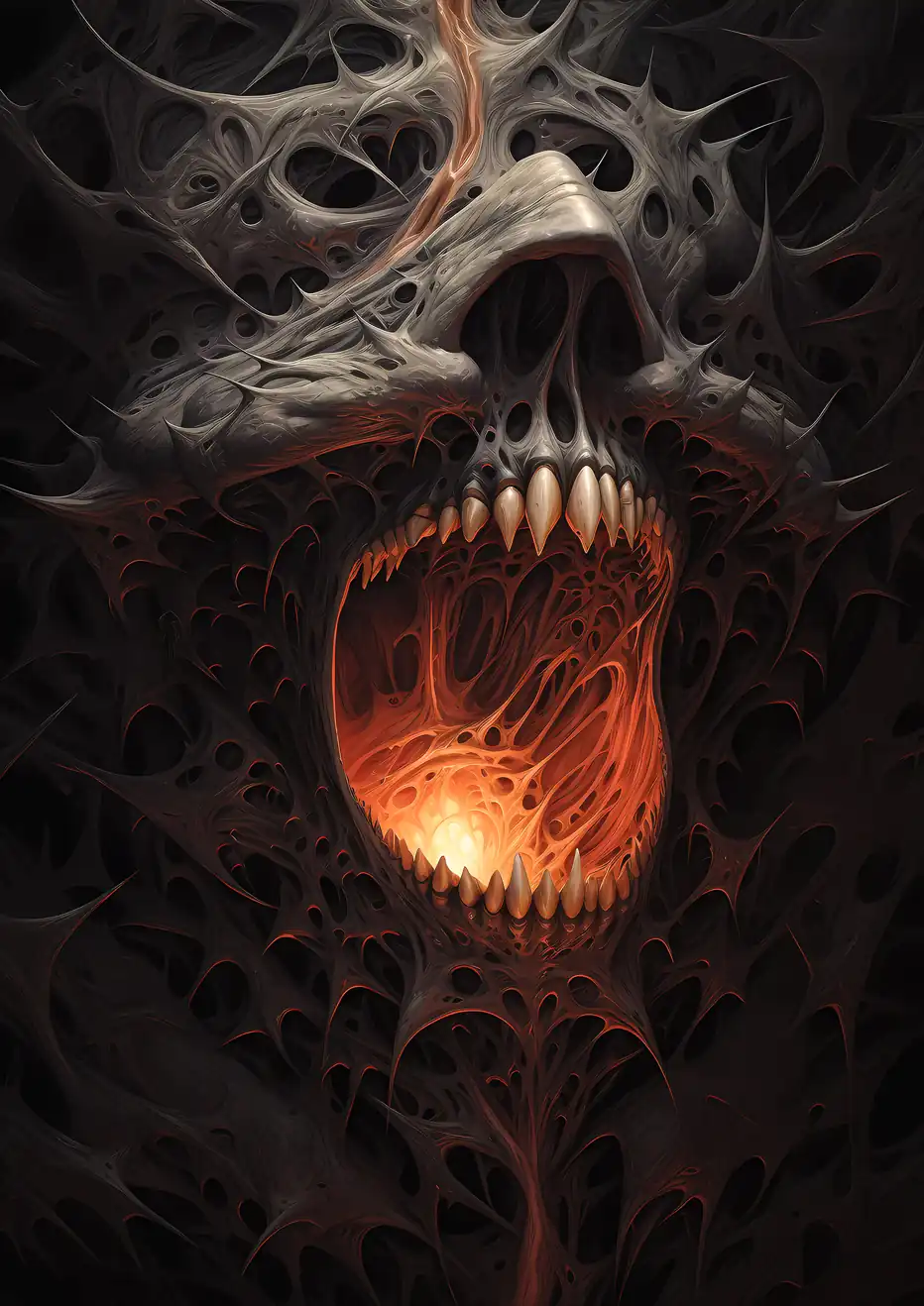 Bite of the Abyss. A screaming skull enmeshed in an organic web with a fiery light.