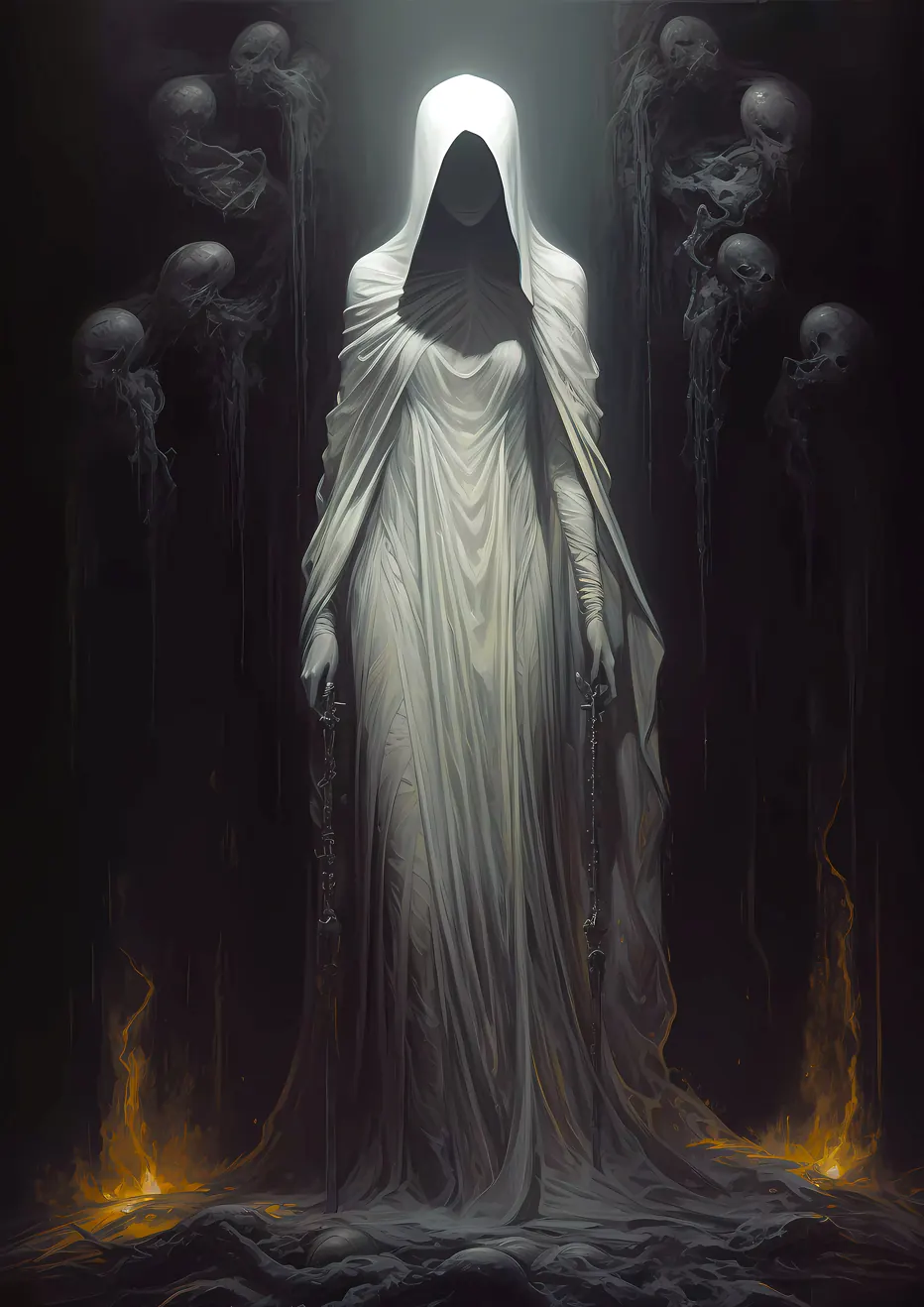 "Bound by Shadows" - A girl in a white hooded dress holds chains amid skeletal shapes and flickering fires.