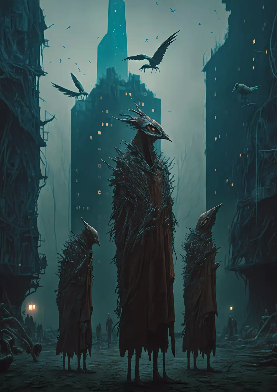 City of Lost Birds - Bird-like beings amidst a dystopian cityscape.