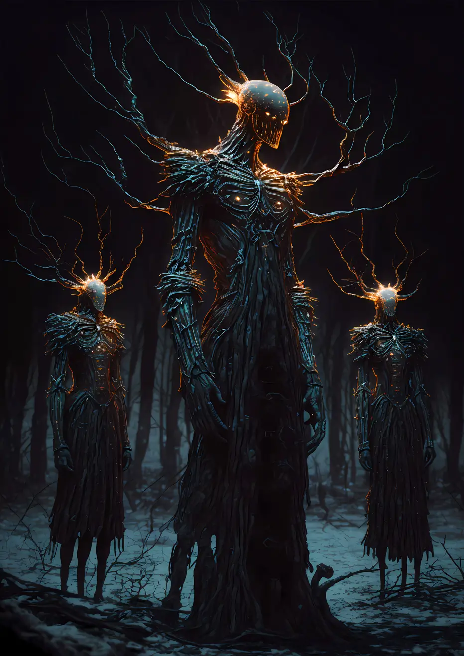 Demon's Radiance: Haunting portrayal of tree-like entities in a dark forest resonating with an orange glow.