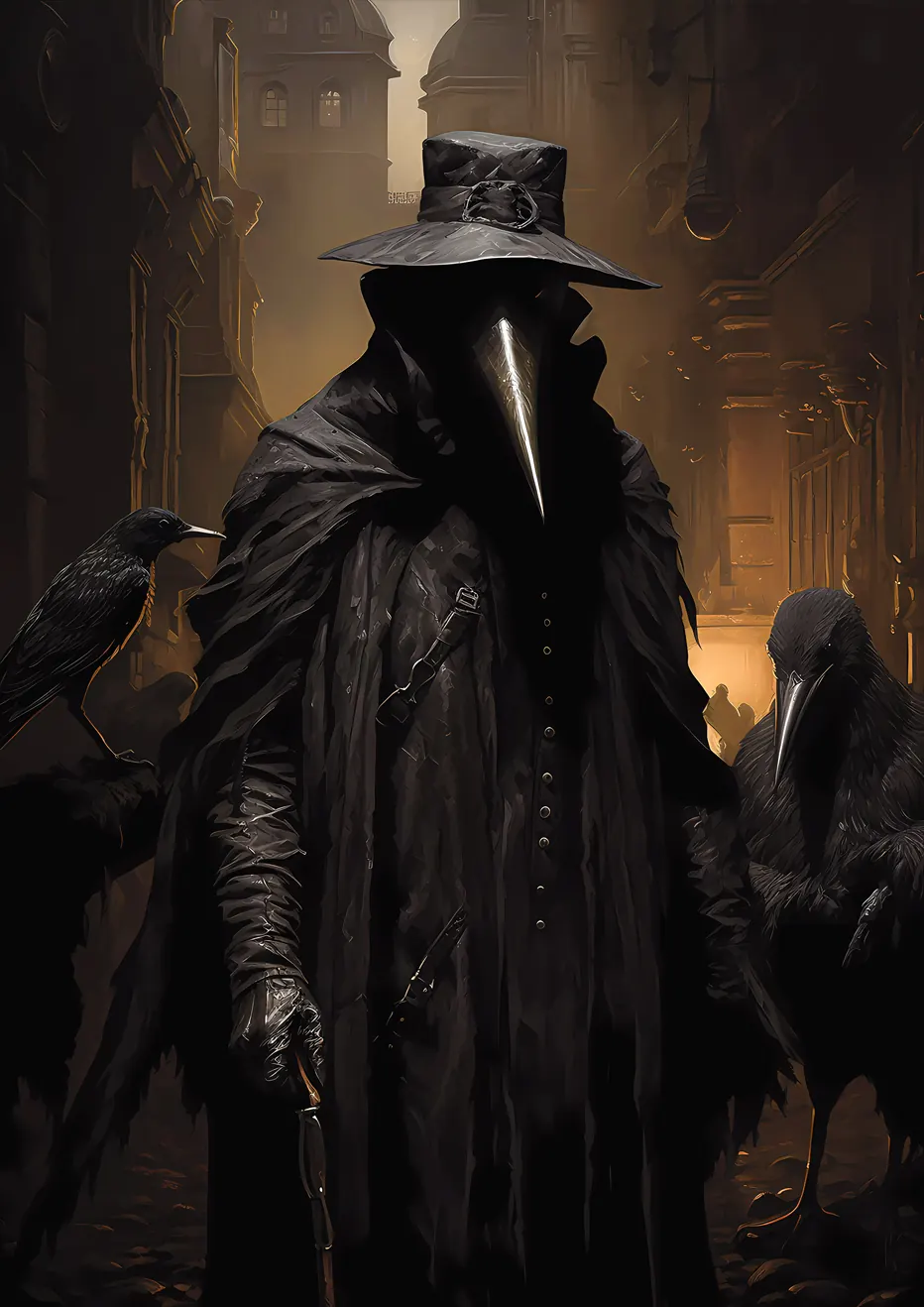 A mysterious figure cloaked in black attire stands amidst a dystopian cityscape, surrounded by crow-like creatures, in the artwork titled "Doomed Dystopia."