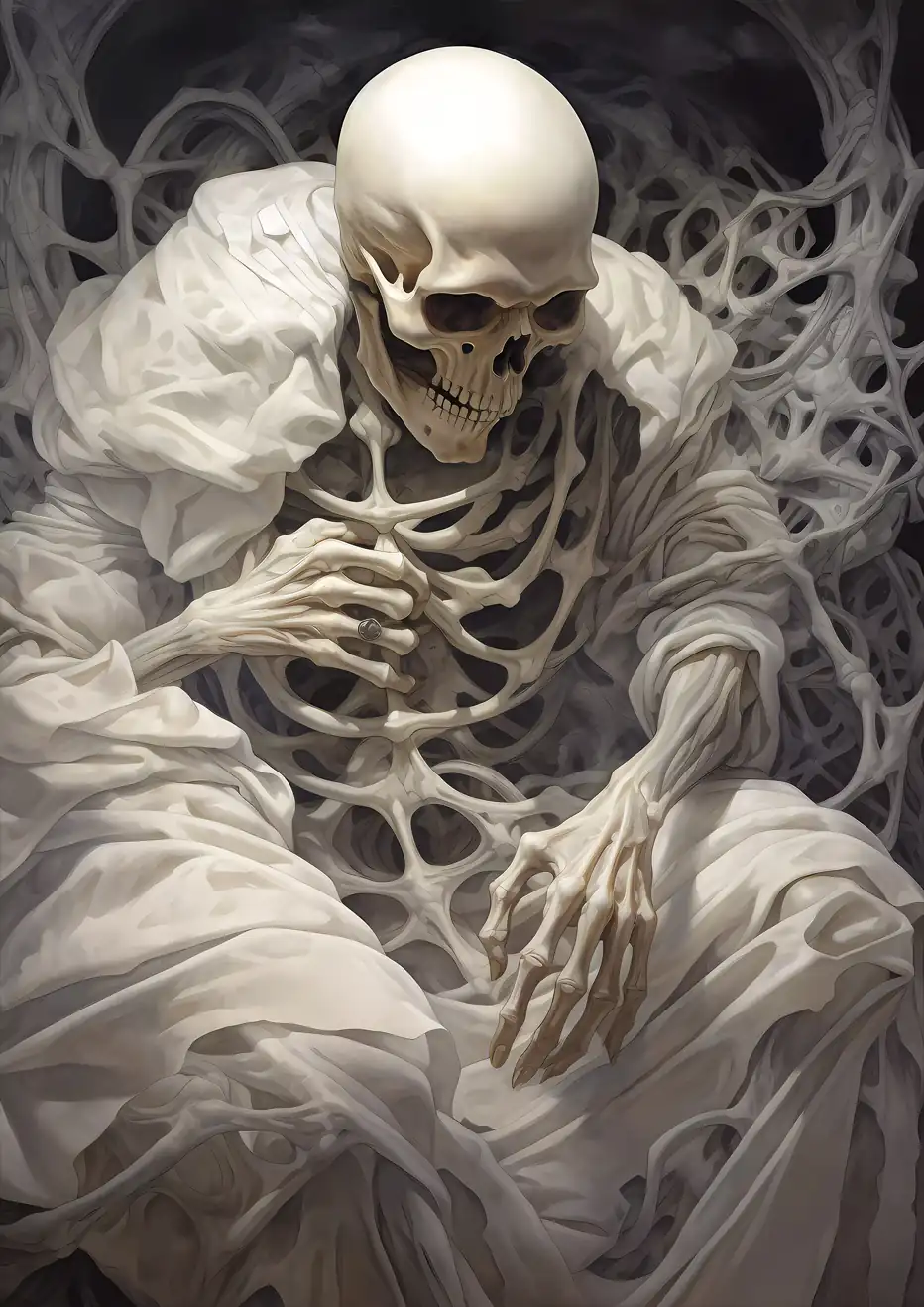 "Echoes of Eternity" - A skeletal figure draped in a white robe stands amidst the dark.