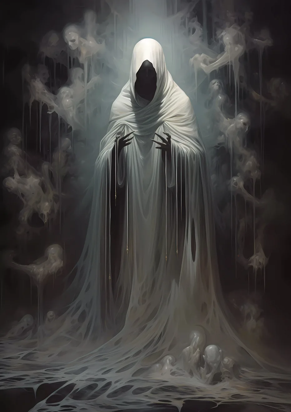 Echoes of Tormented Souls: In the centre of the image, a figure draped in a silk-smooth white robe stands amidst swirling pale white souls, with darkness surrounding them.