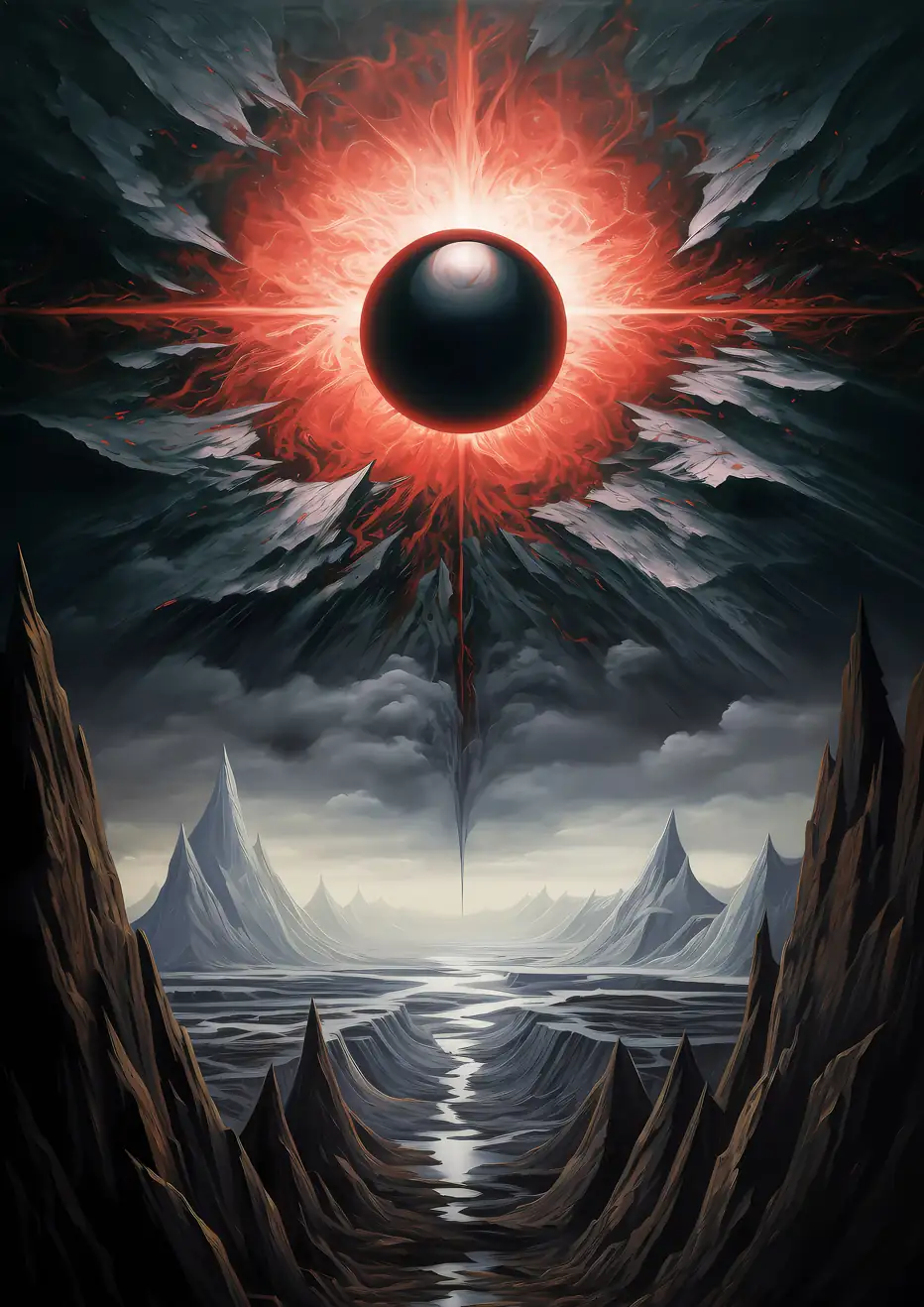 "Eclipse of the World" - A desolate wasteland with towering mountains and a mysterious black orb.