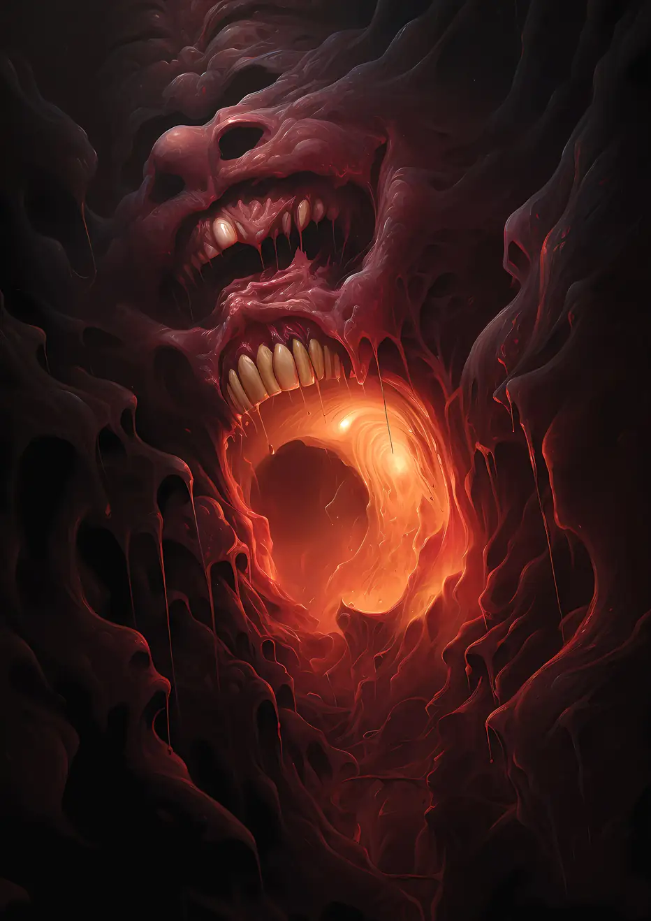 Eldritch Fusion. A nightmarish cavern made from pulsating flesh, with a fiery orange abyss and a grotesque face.