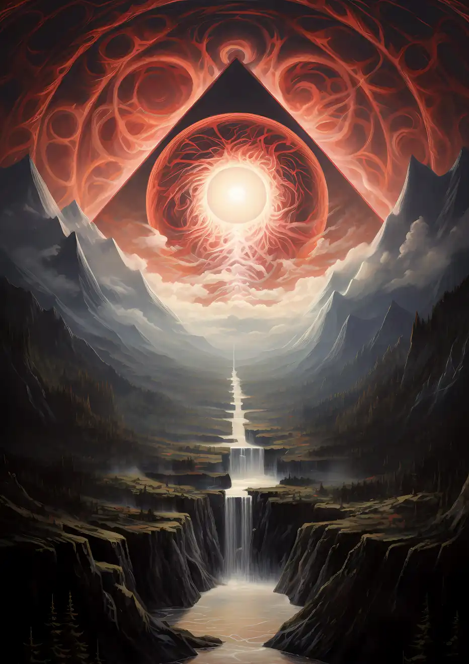 "Eye of the Cosmic Nexus" - A panoramic view of lush landscapes with waterfalls, mountains, and a radiant orb.