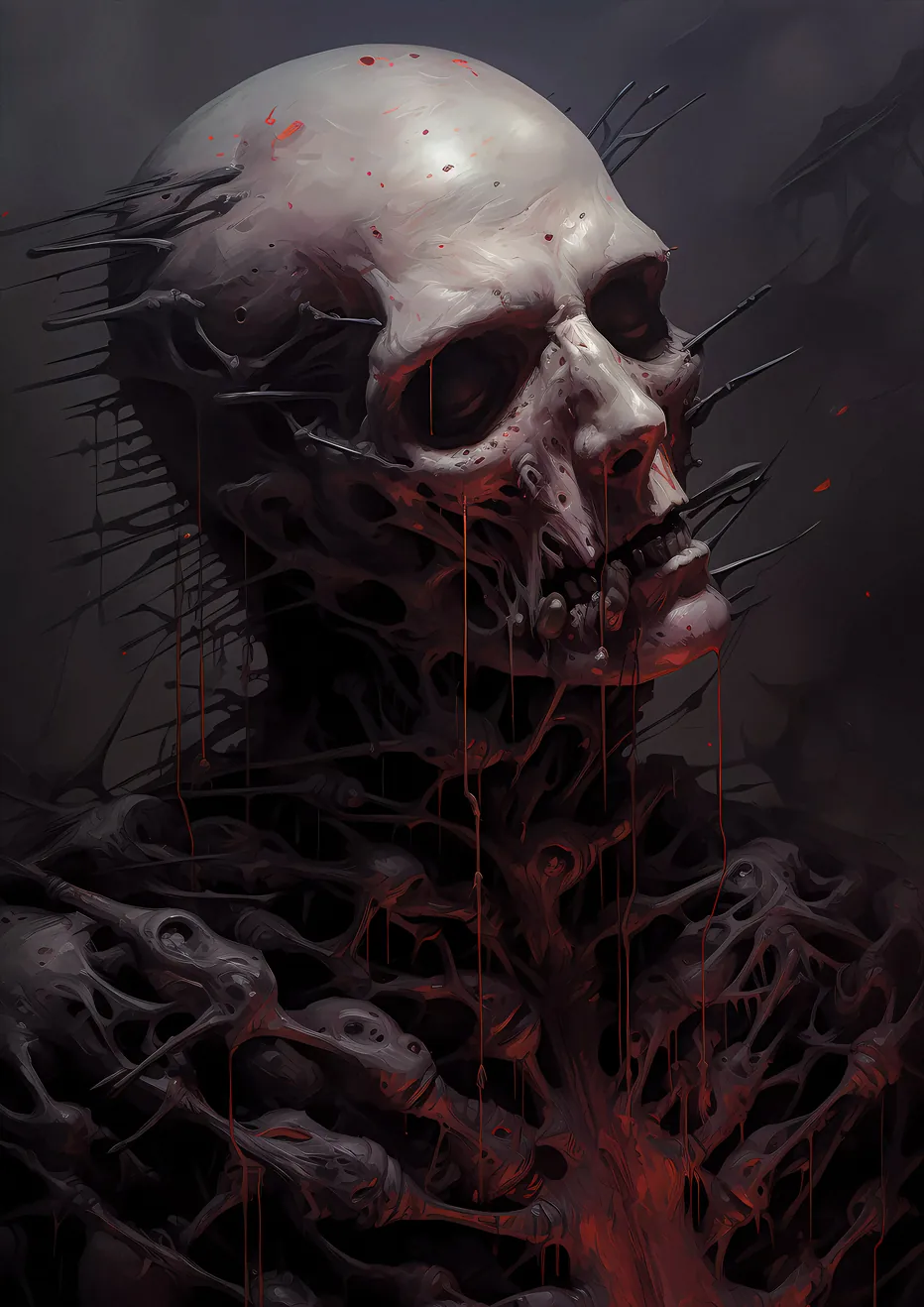 Fading into Bones - A haunting surrealism painting depicting a figure made of intertwining bones with a skull emitting spike-like black matter.