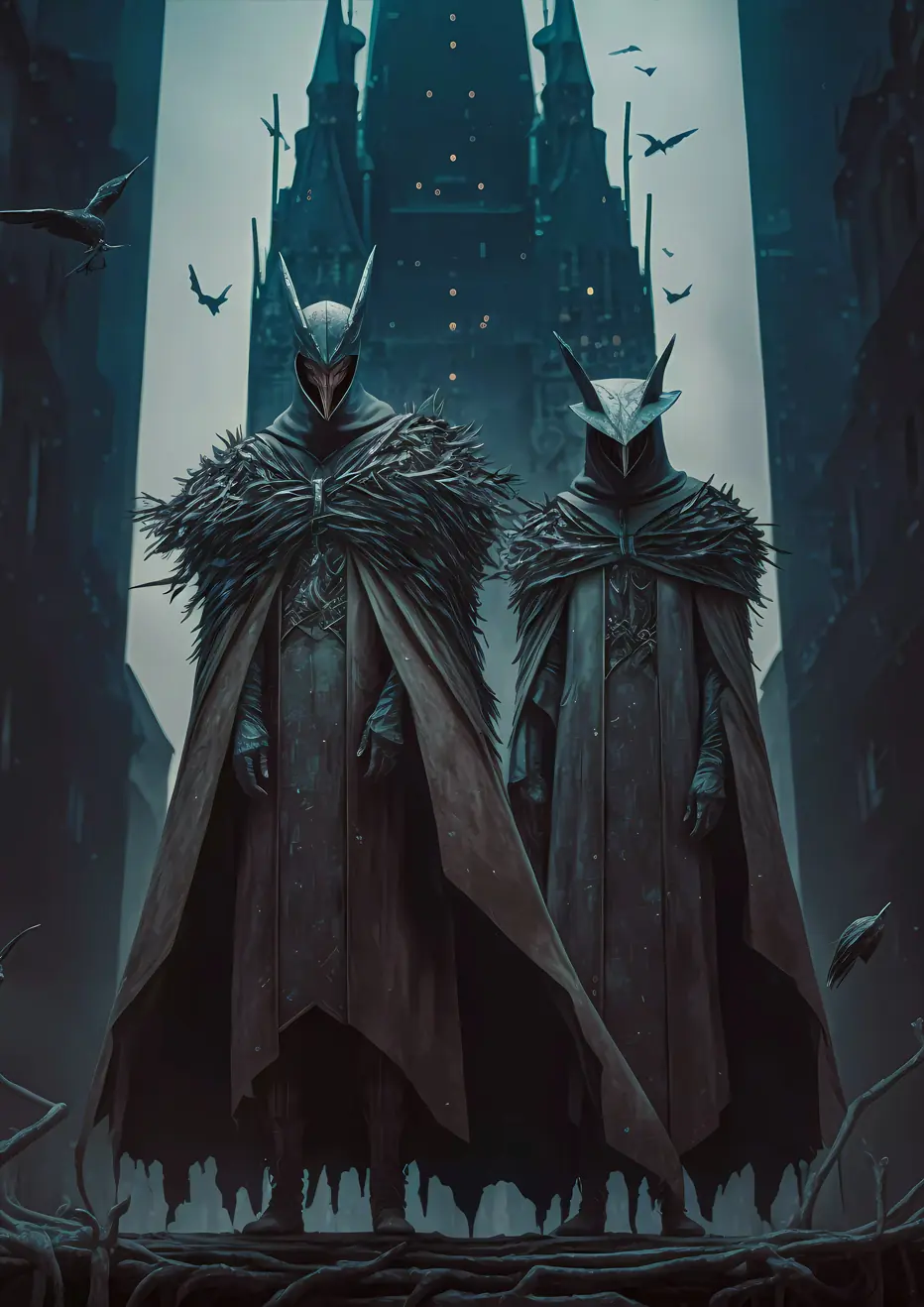 Grim Guardians - Dark cloaked figures with bird-like masks, guarding a city with a gothic castle in the background.