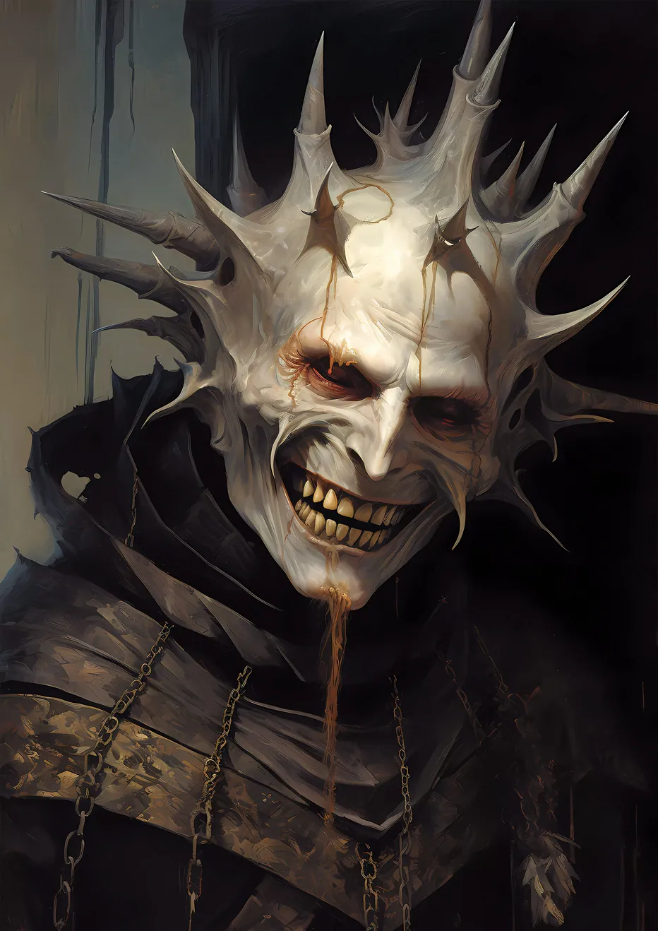 Jester of Madness - A pale, grinning man with sharp spikes on head, yellow oozing liquid, and a torn brown cloak in a dark, eerie setting.