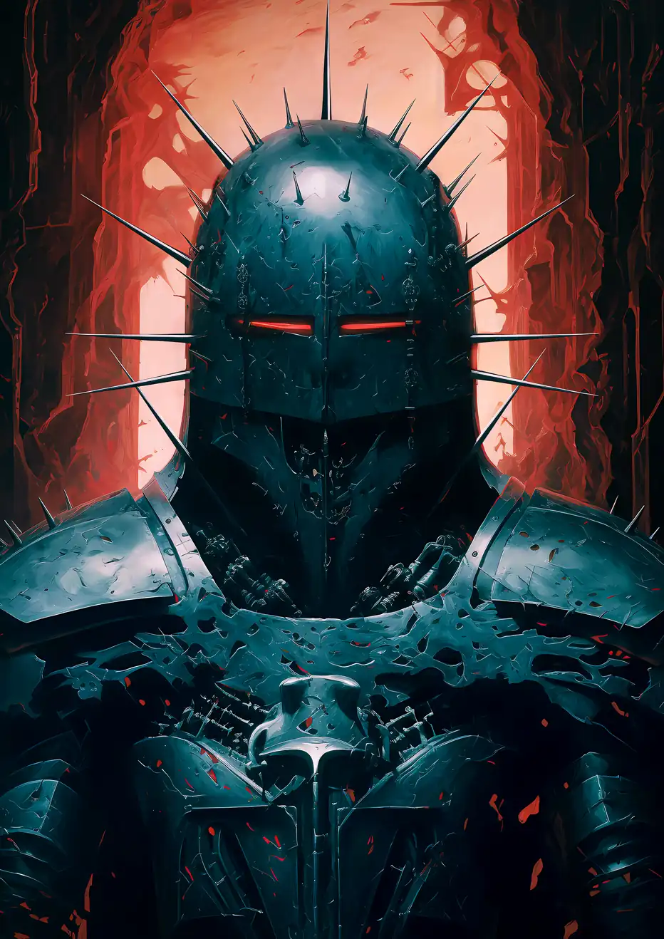 "Madness in Armour" - A terrifying figure in dark blue armour with glowing red eyes.