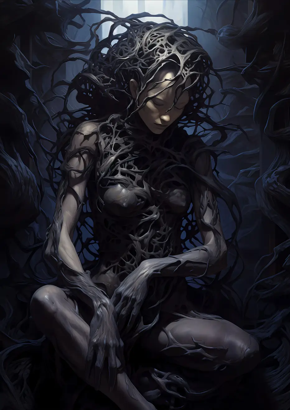 A mystical nymph sits peacefully, her chest and hair intertwined with faint purple vines.
