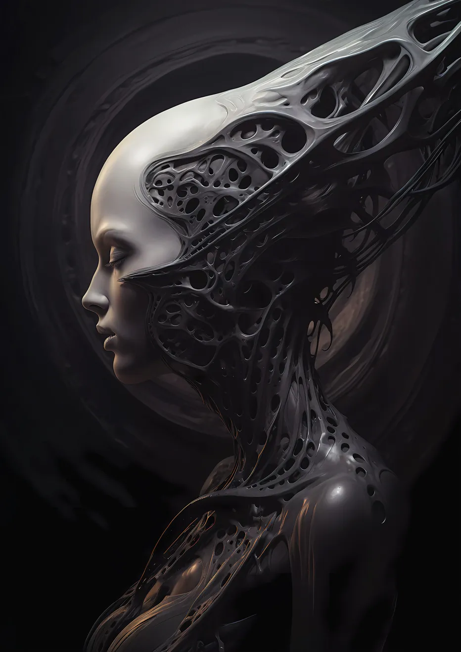 "Nebula Nymph" - Profile of a surreal figure with a porcelain-smooth face and a dark, porous metallic structure enveloping its head and neck.