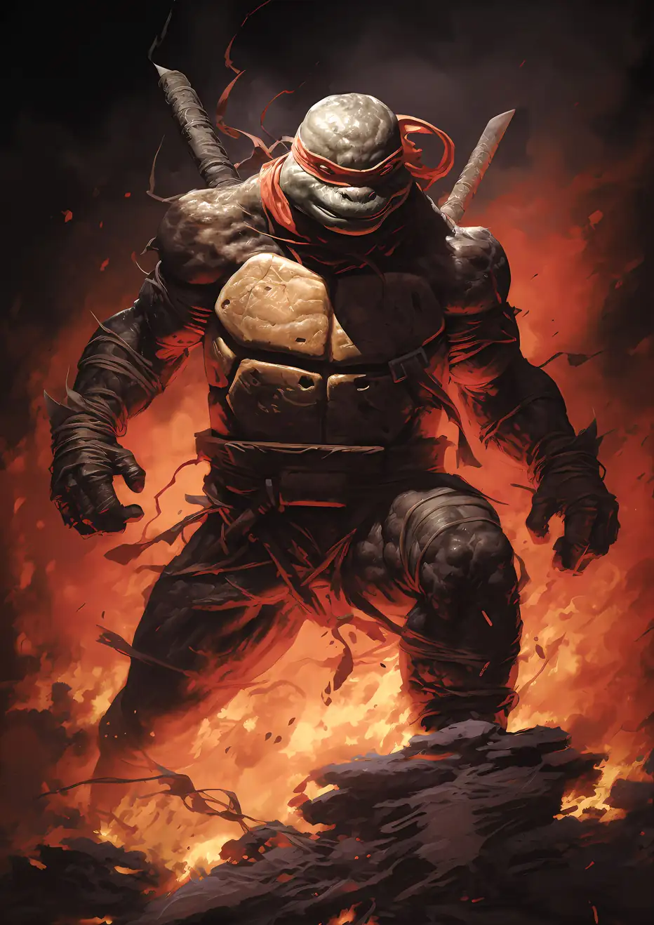 "Netherworld Ninja" depicts a battle-hardened turtle ninja standing firm amidst flames.