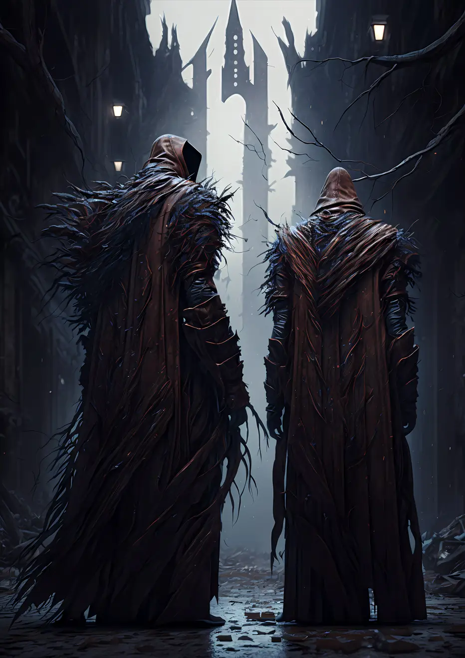 Pursuit of Profit - Two enigmatic figures with intertwined leather and feather cloaks stand in a desolated city.
