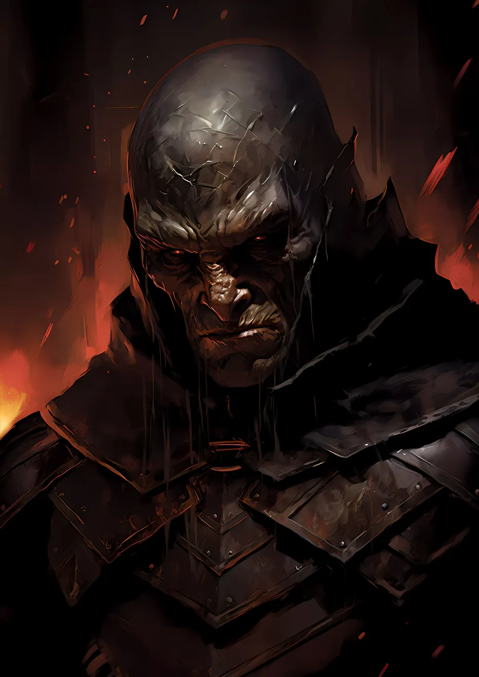 A ruthless orc warrior stands amidst engulfing flames in the captivating artwork titled "Ruthless Orc Warrior."