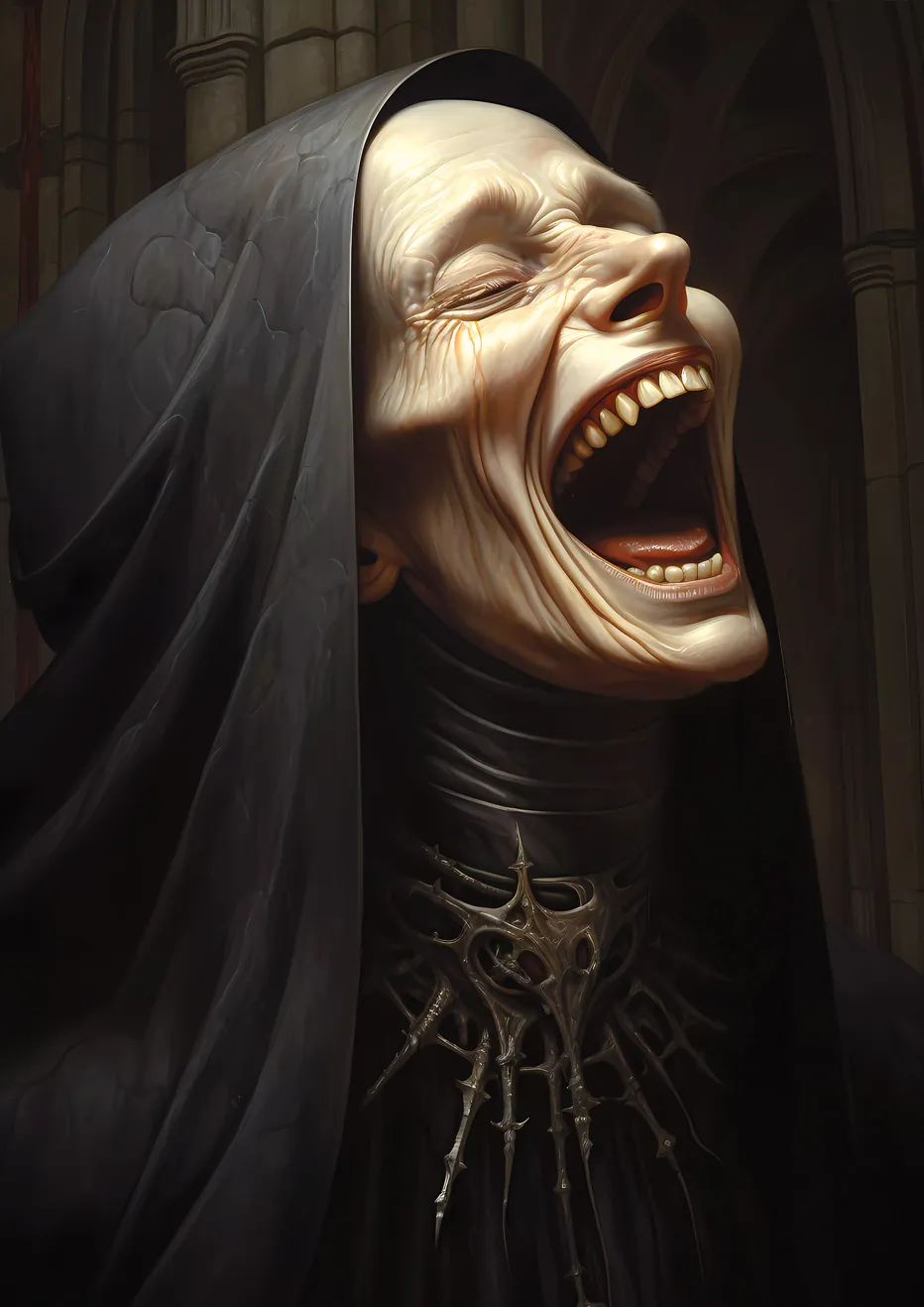 "Sanctified Sin" – A close-up of an aged woman in a dark hood, laughing hysterically, wearing a thorned necklace against a gothic backdrop.