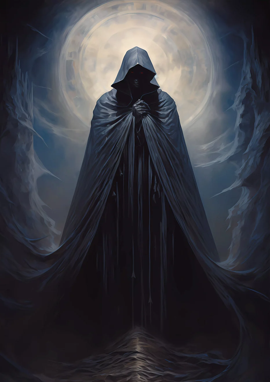 Shrouded in Shadows - Dark figure draped in a long blue cloak with glowing red eyes stands amidst a mysterious night scene.