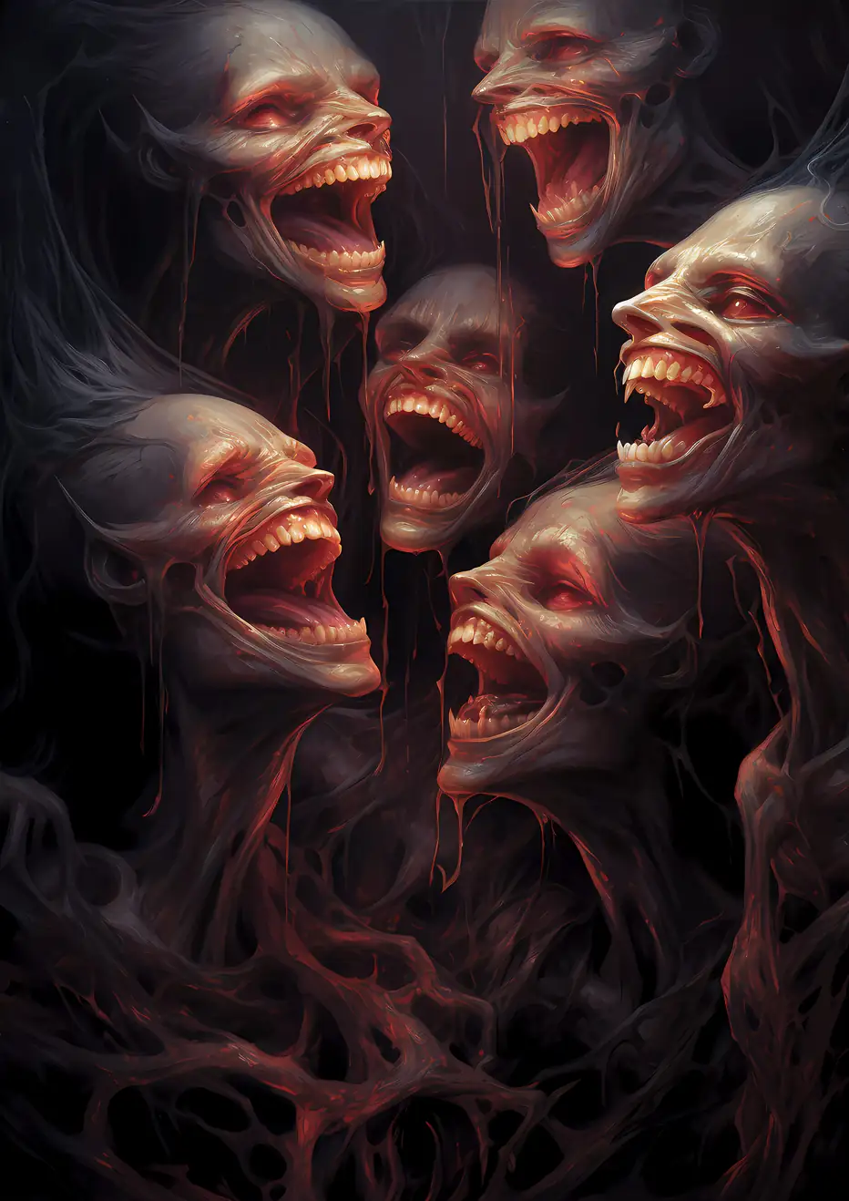 A group of five pale figures with red eyes laughing maniacally amidst the darkness in "Sinister Symphonies."