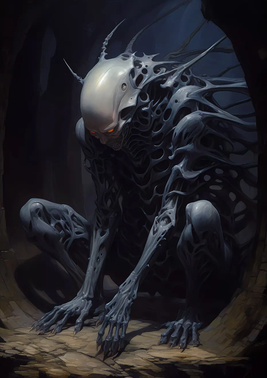Skeletal Guardian: An alien-like creature with blue bone structures, glowing red eyes, and a pale white head.