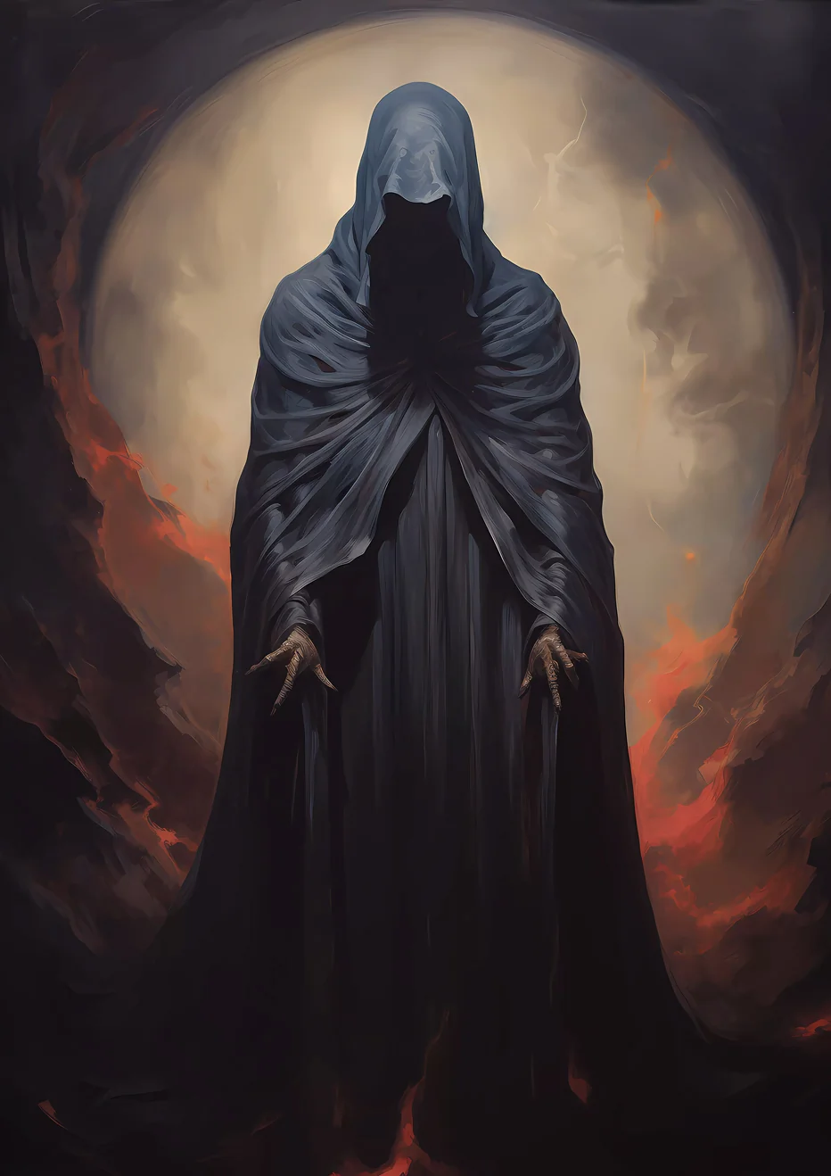 Artwork depicting an enigmatic figure in a dark cloak, surrounded by swirling winds and an otherworldly glow - 'Spellbound Reaper'