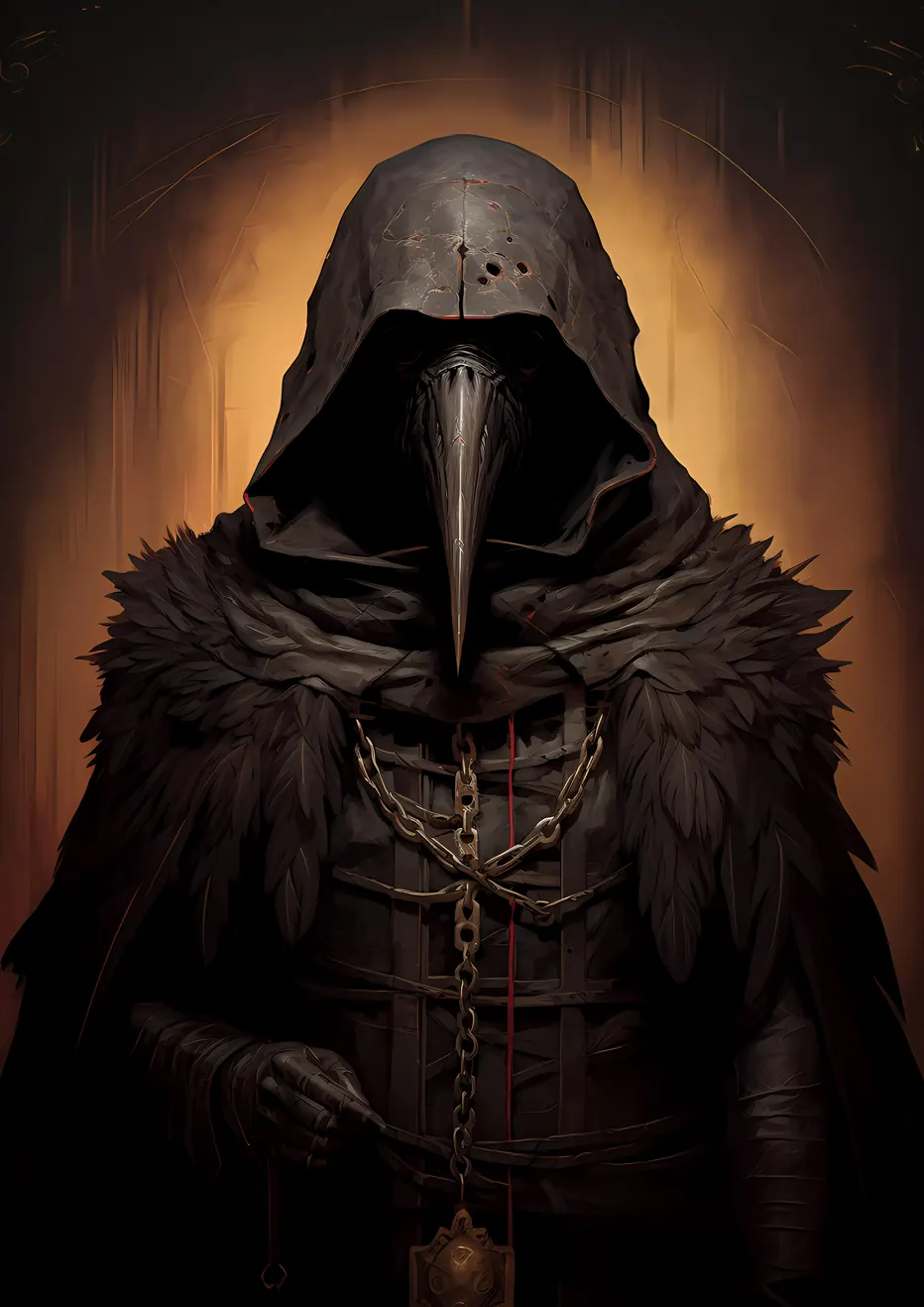 "Terror of a Talons" - A cloaked figure with a crow-like beak stands amidst darkness, draped in a cloak adorned with feathers.