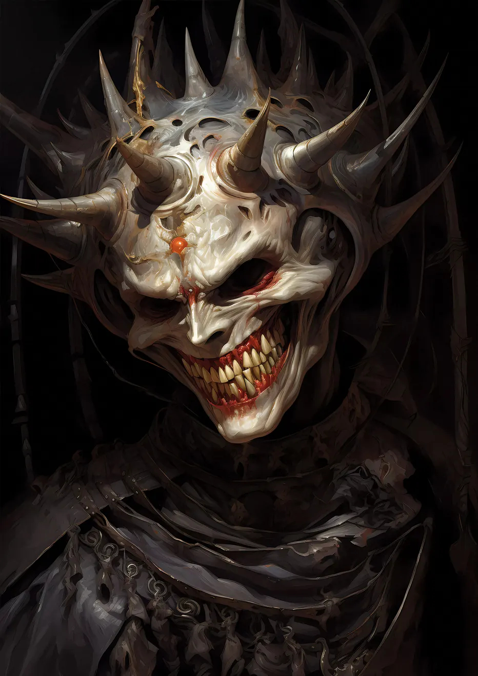 The Grin of Madness: Dark surreal artwork featuring a grim jester with sharp teeth, bloodied grin, and menacing spikes.