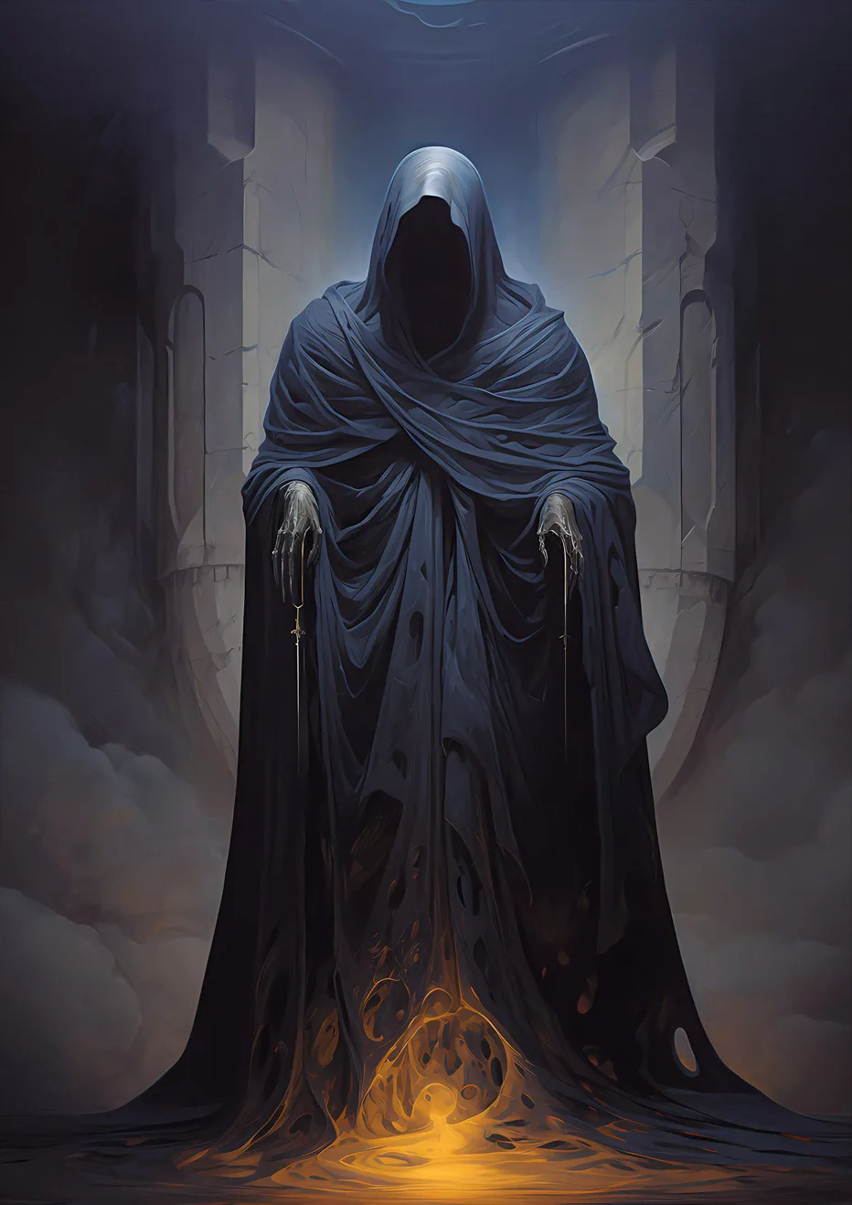 The Sorcerer of the Abyss - Hooded skeleton casting a spell surrounded by mystical flames and stone pillars.