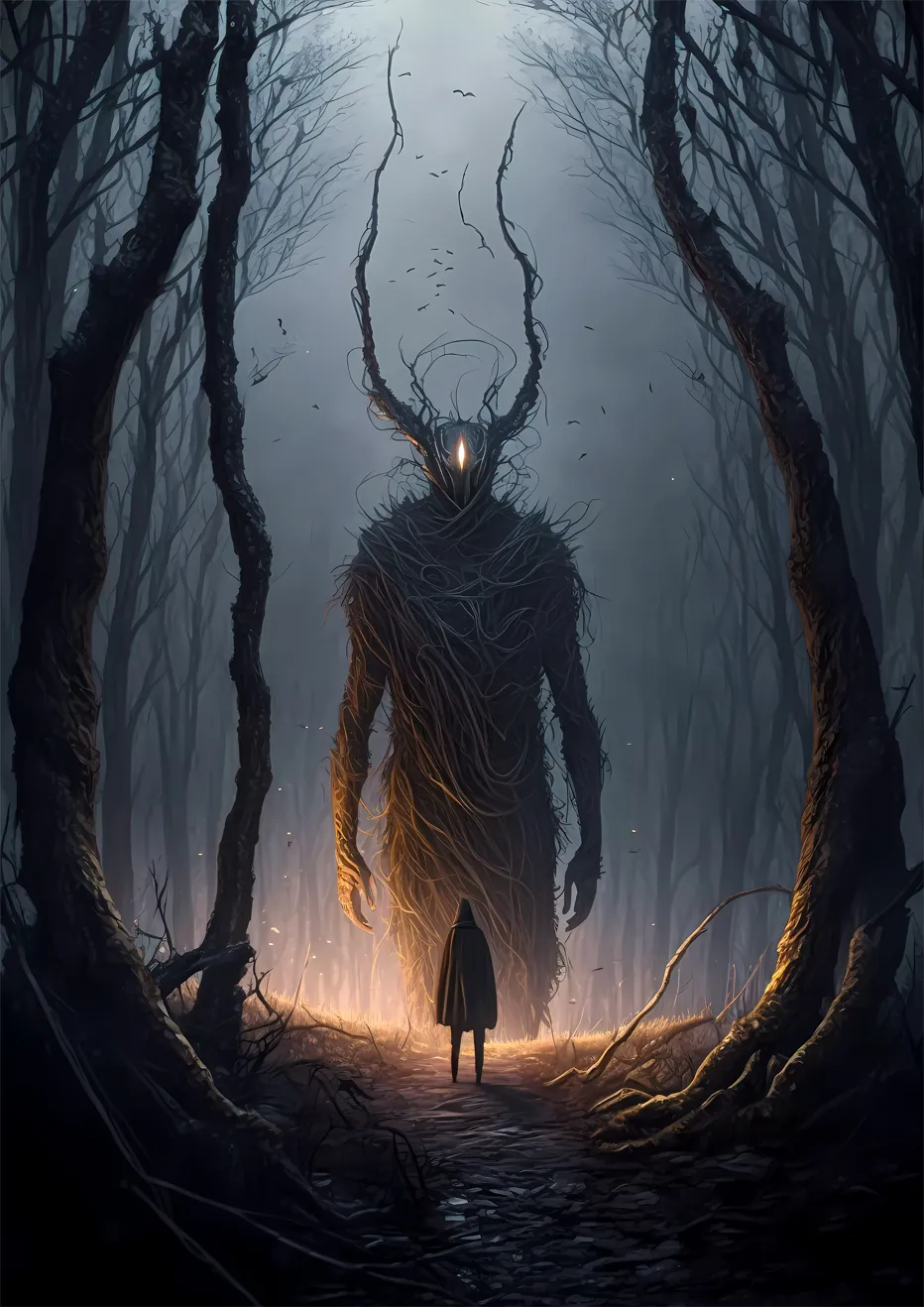 The Unknown: Solitary figure facing colossal creature in a fog-laden forest. Dark and surreal art.