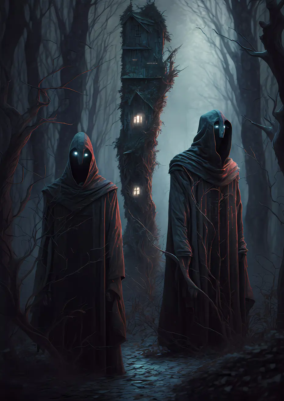 Mysterious figures in a foggy forest, guarding a totem-like structure. Dark and haunting art - 'The Watchers'