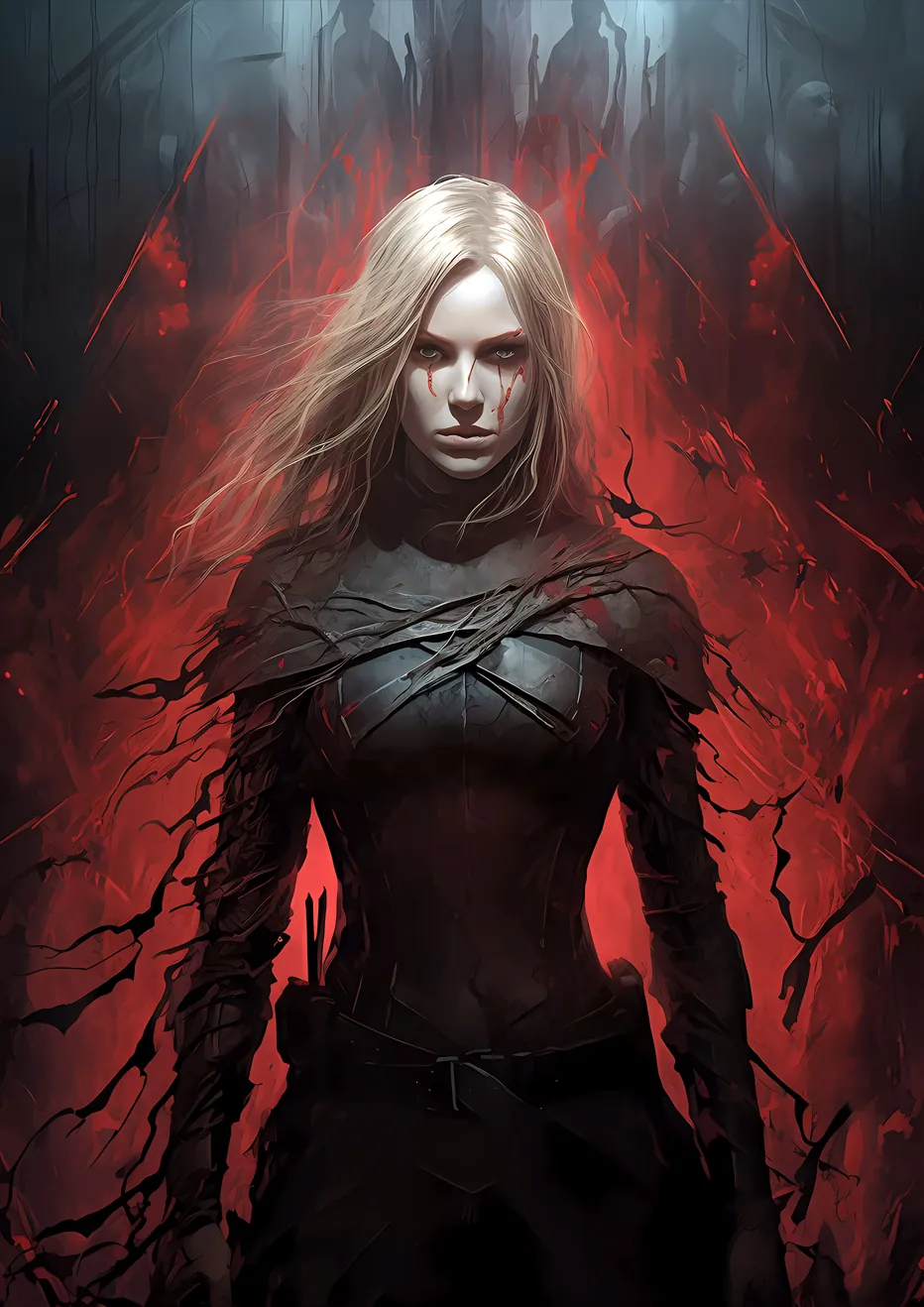 "Wicked Blaze" - A determined girl stands amidst swirling flames, her pale blond hair and scarred face illuminated by the fiery glow.