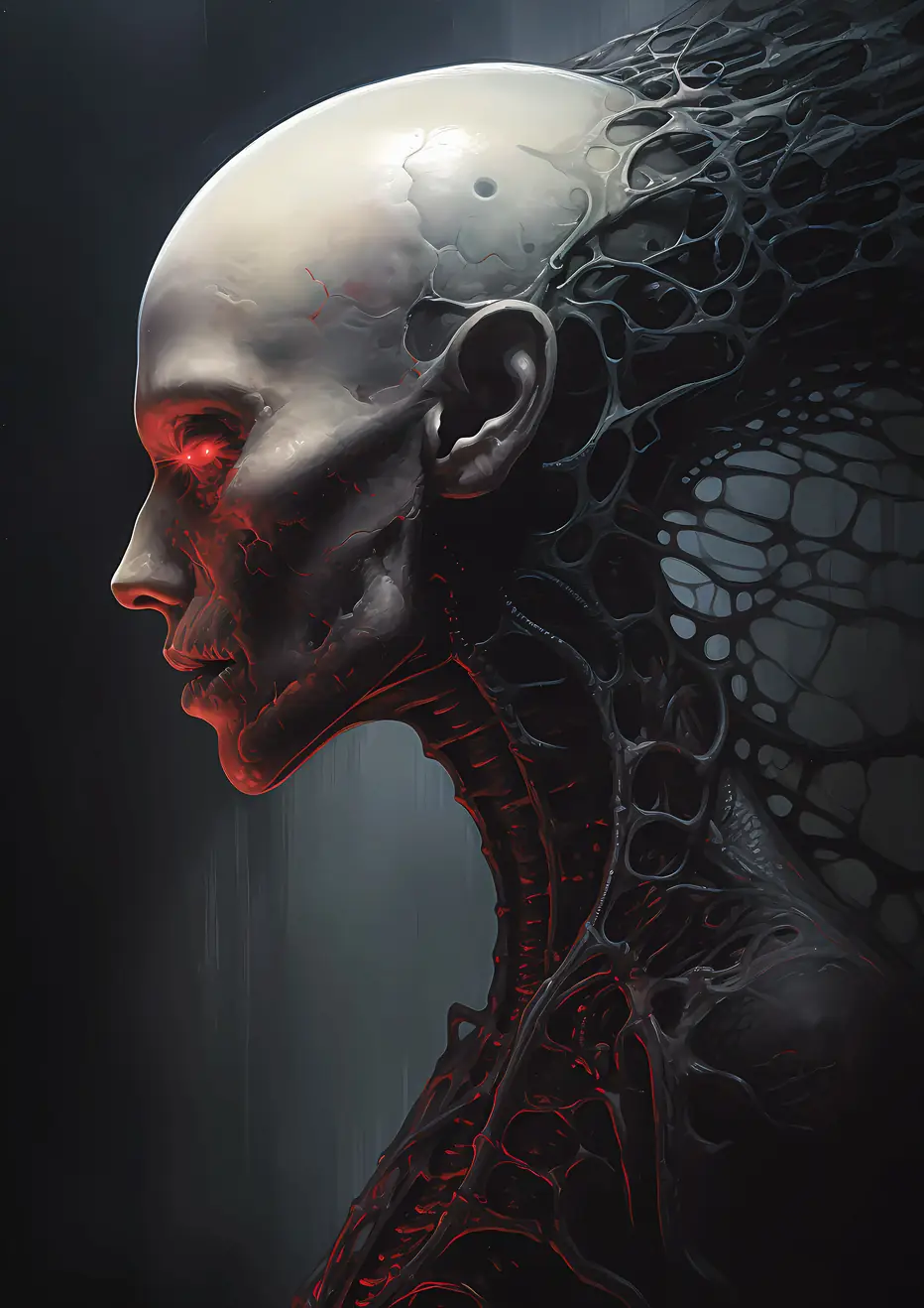 "Xenomorphic Veil" - Side profile of an alien-like humanoid with translucent skin, glowing red eyes, and dark, vein-like webs.