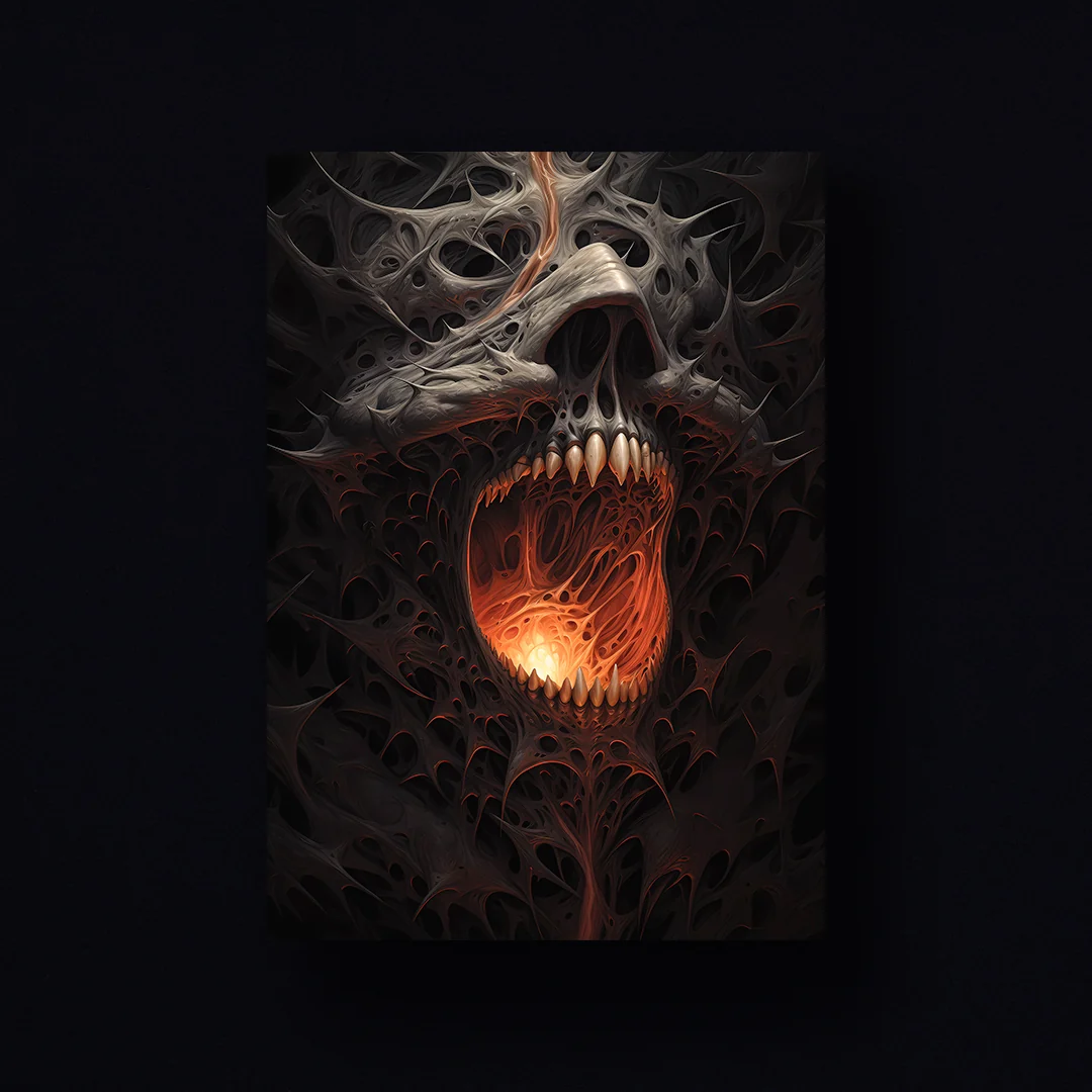 Screaming skull with a glowing orange mouth in a web of dark, veined flesh.