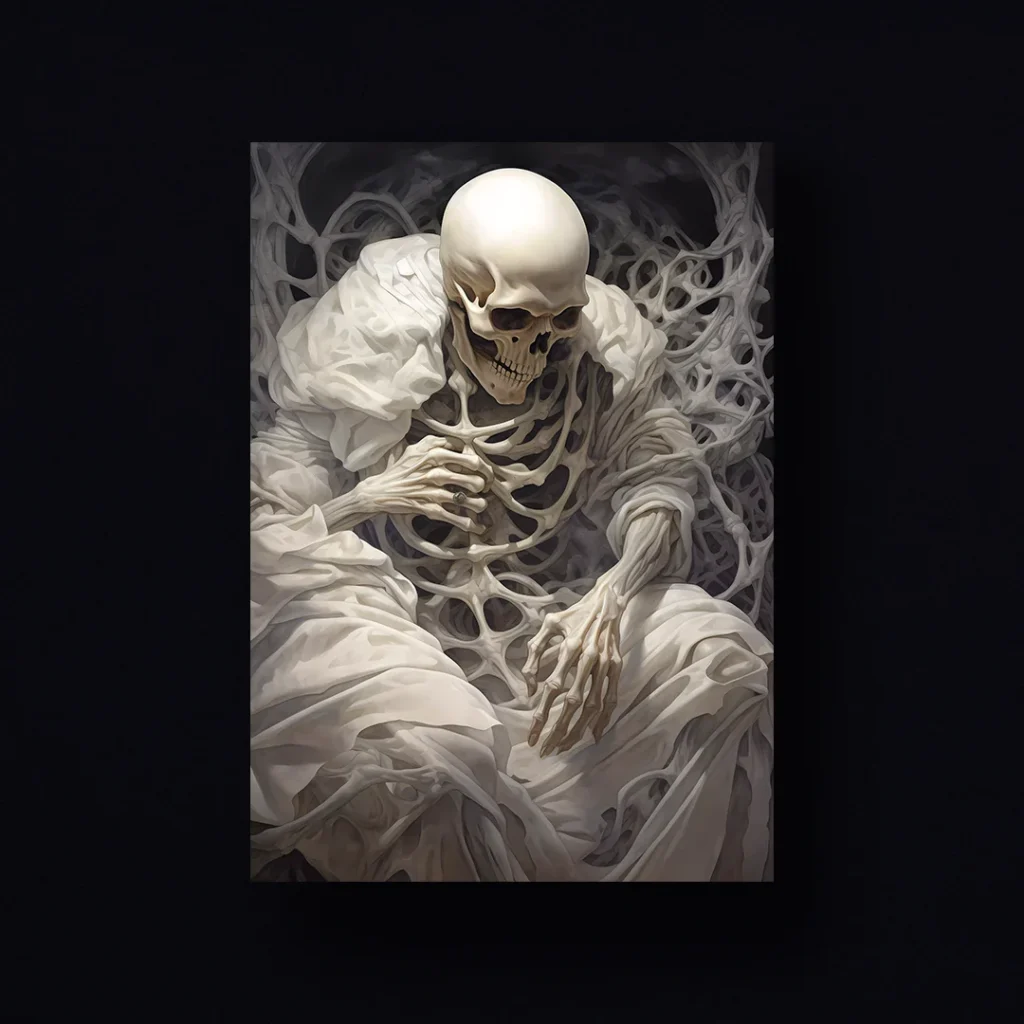 A close-up view of the skeletal figure reveals its eerie presence.