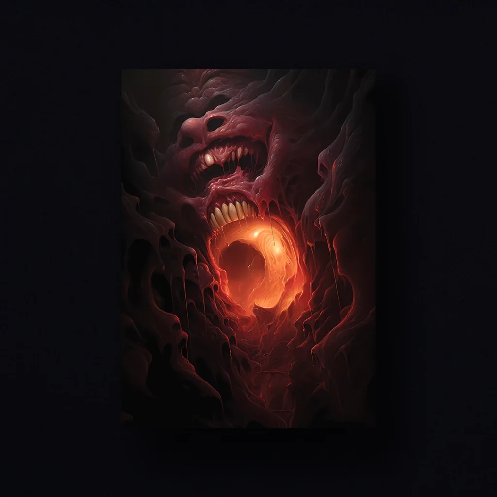 The abstract scene features a cavern of glistening flesh with an intense orange light.