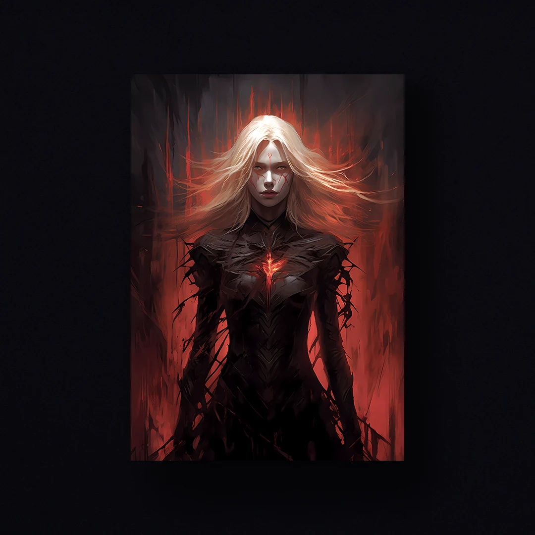 A fierce figure in dark leather armour, wreathed in flames against a backdrop of chaos.