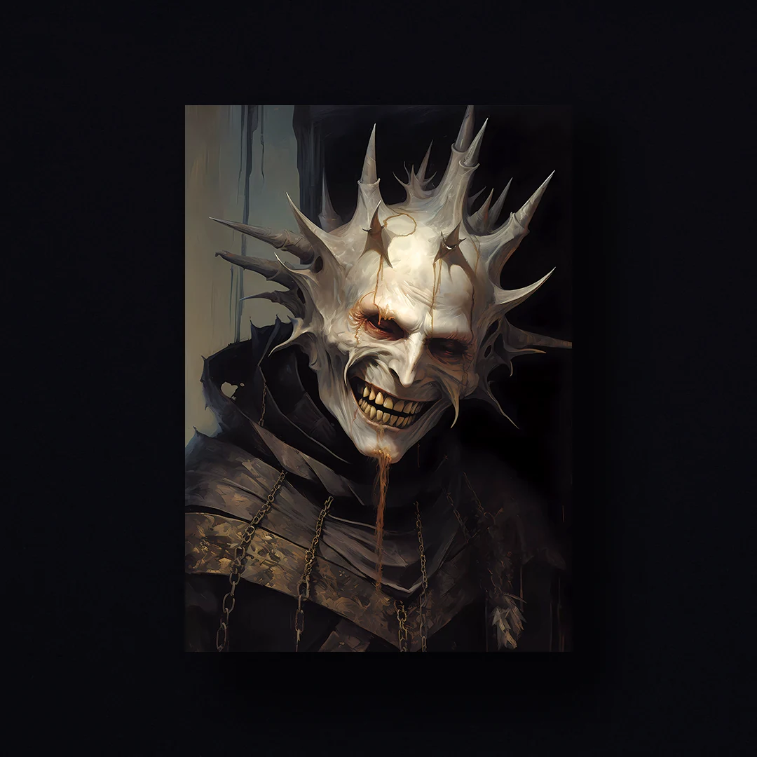 Eerie depiction of a pale, smiling man with sharp spikes and yellow liquid in a dark setting.