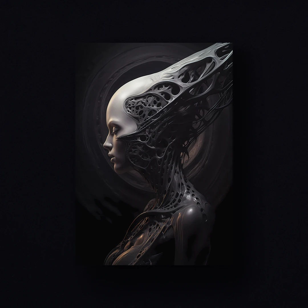 Futuristic humanoid with a smooth, porcelain-like face and dark mechanical textures.