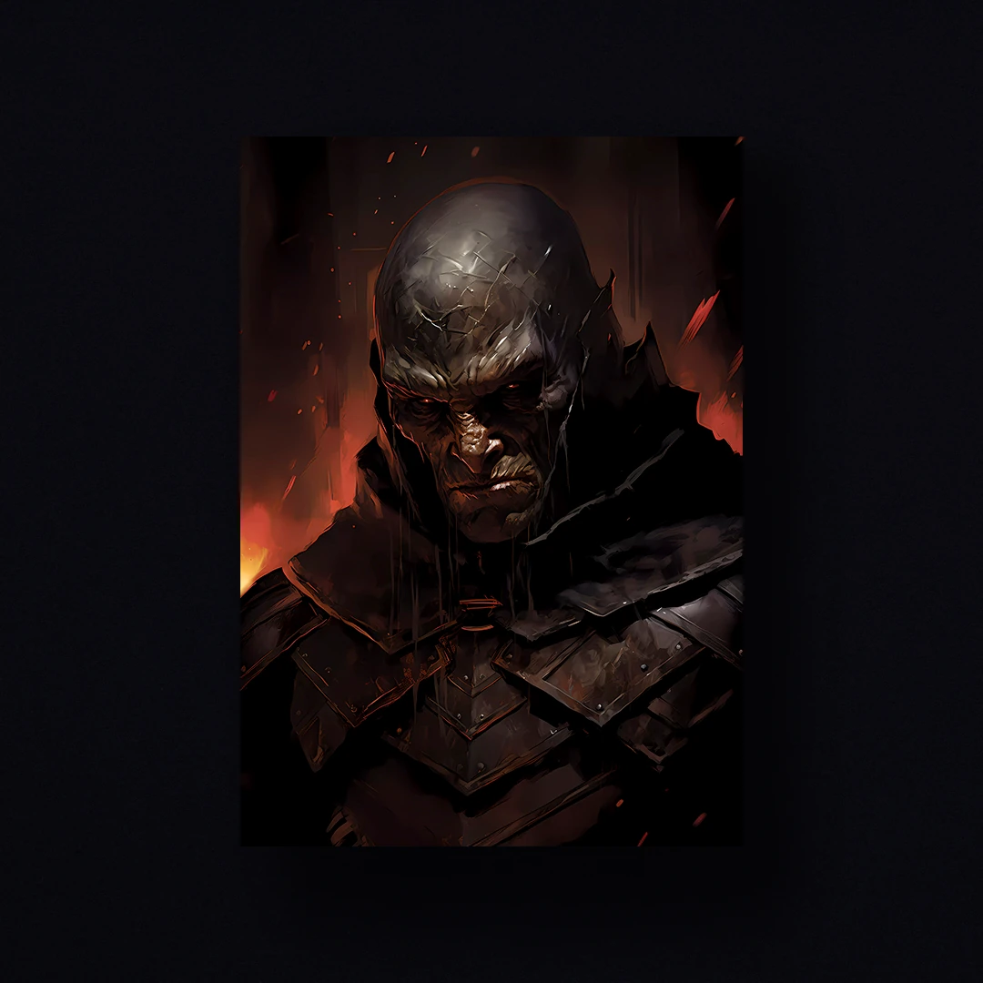 An orc warrior clad in dark leather armour stands defiantly amidst fiery destruction.