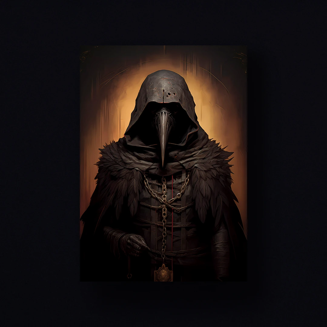 A mysterious figure draped in dark attire, with a hood covering their face, stands against a backdrop of darkness.