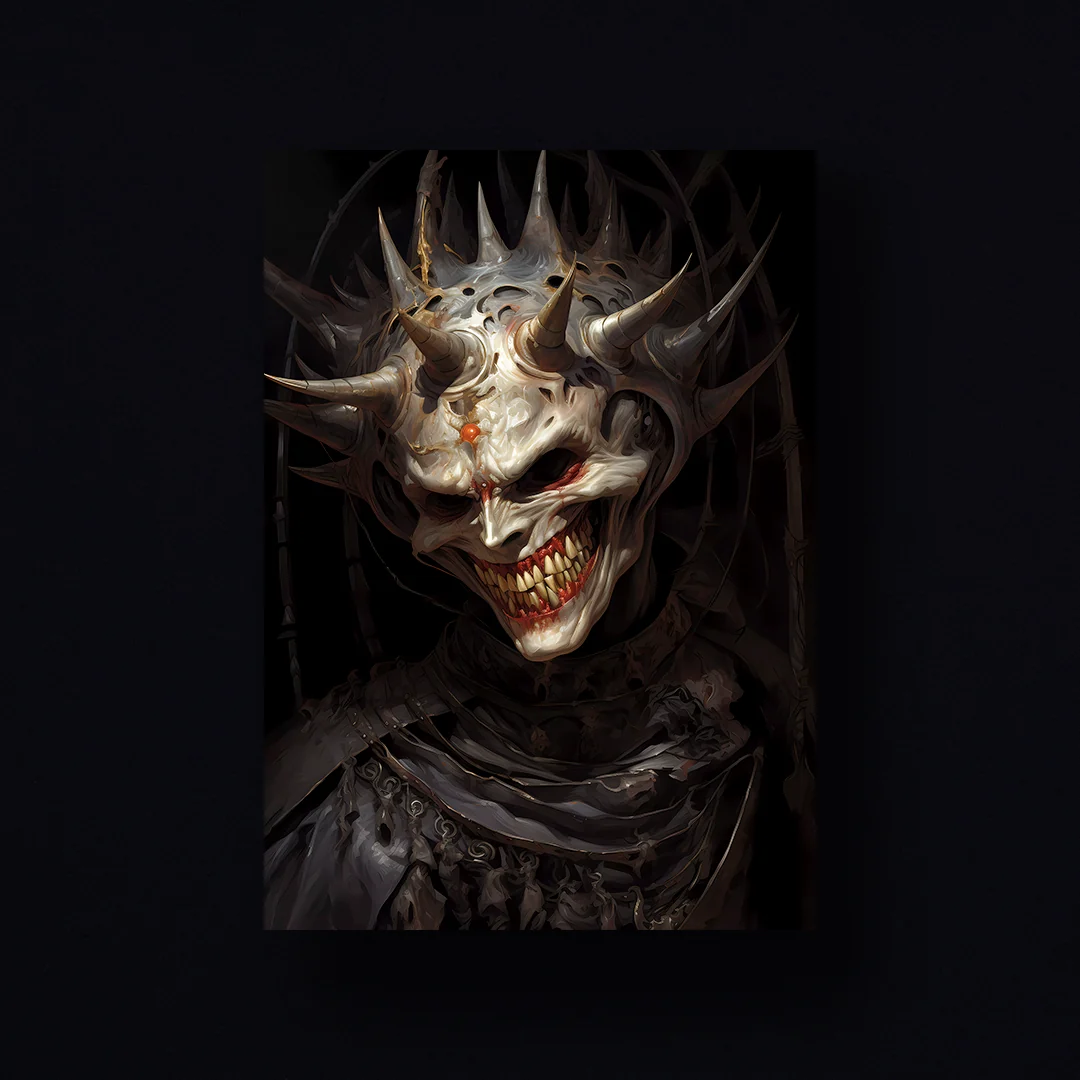 Front view of the grim jester painting, capturing the eerie smile and sharp features.