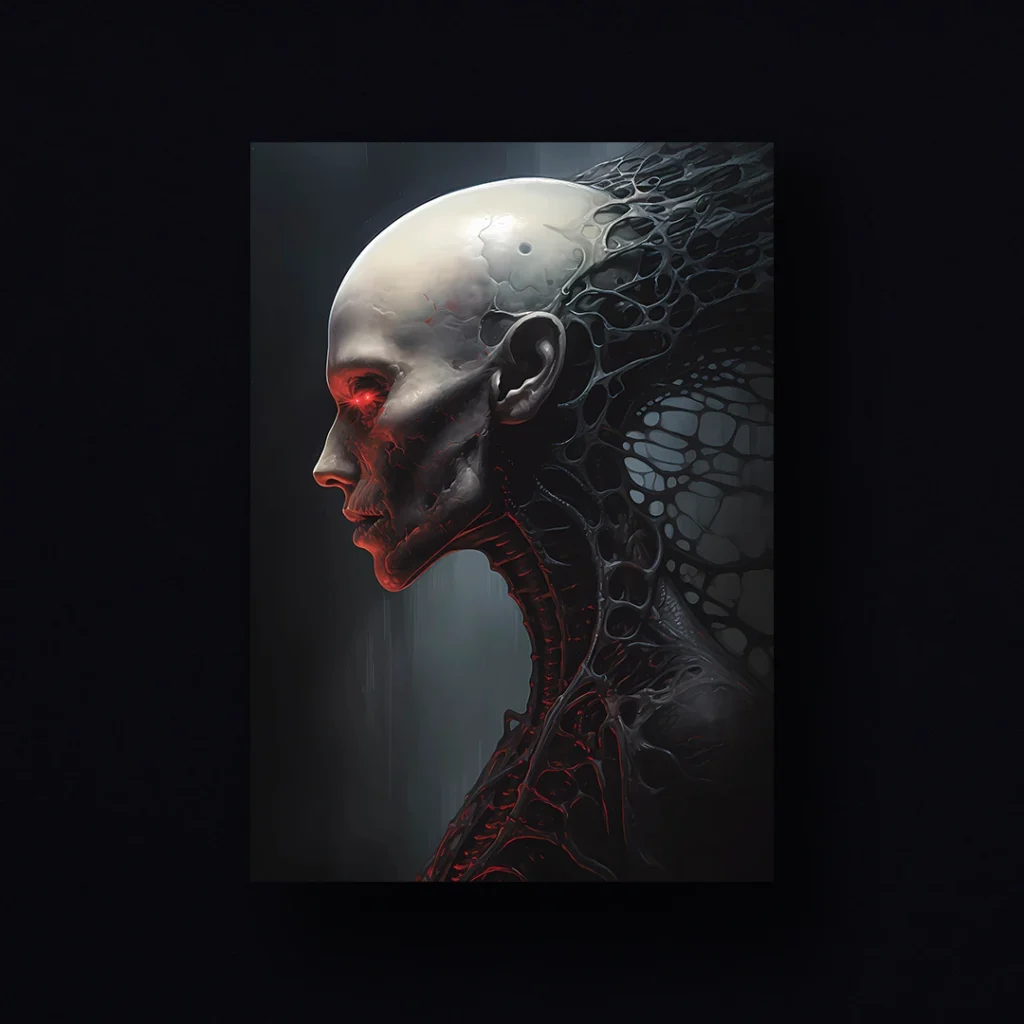 Alien humanoid with a glowing red eye, showing cyber-organic skin texture.