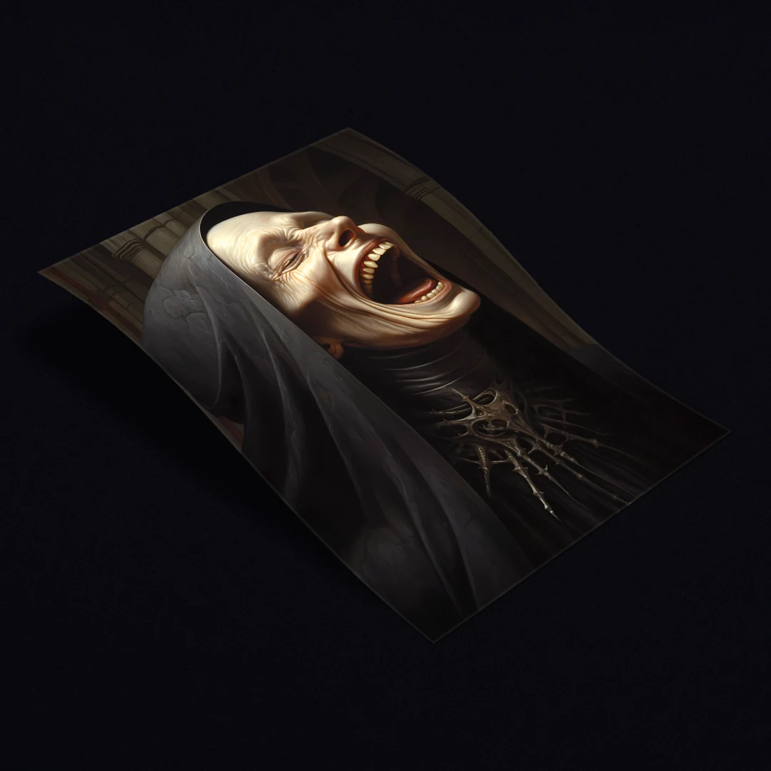 A dark, hooded figure with a thorned necklace, contorted in grotesque, exaggerated laughter.