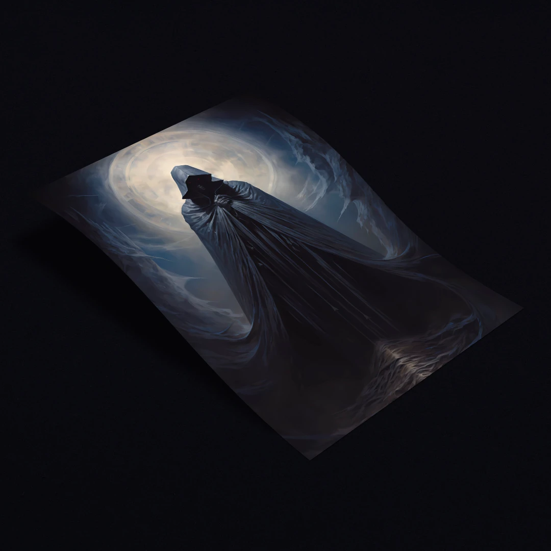 Obscured figure with glowing red eyes, enveloped in a lengthy midnight blue cloak.