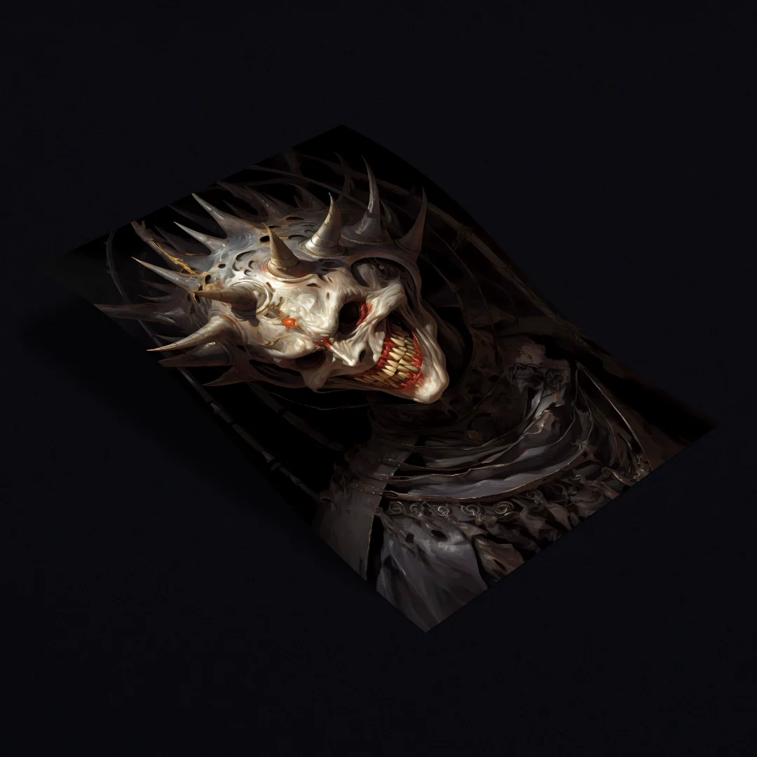 Angle view of the grim jester artwork, showcasing the unsettling smile and menacing spikes.
