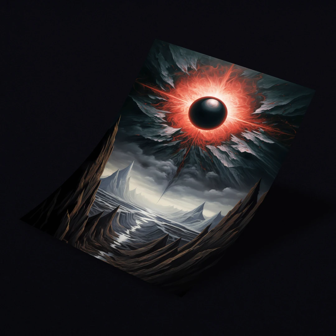 A desolate environment with rugged mountains and a mysterious black orb.
