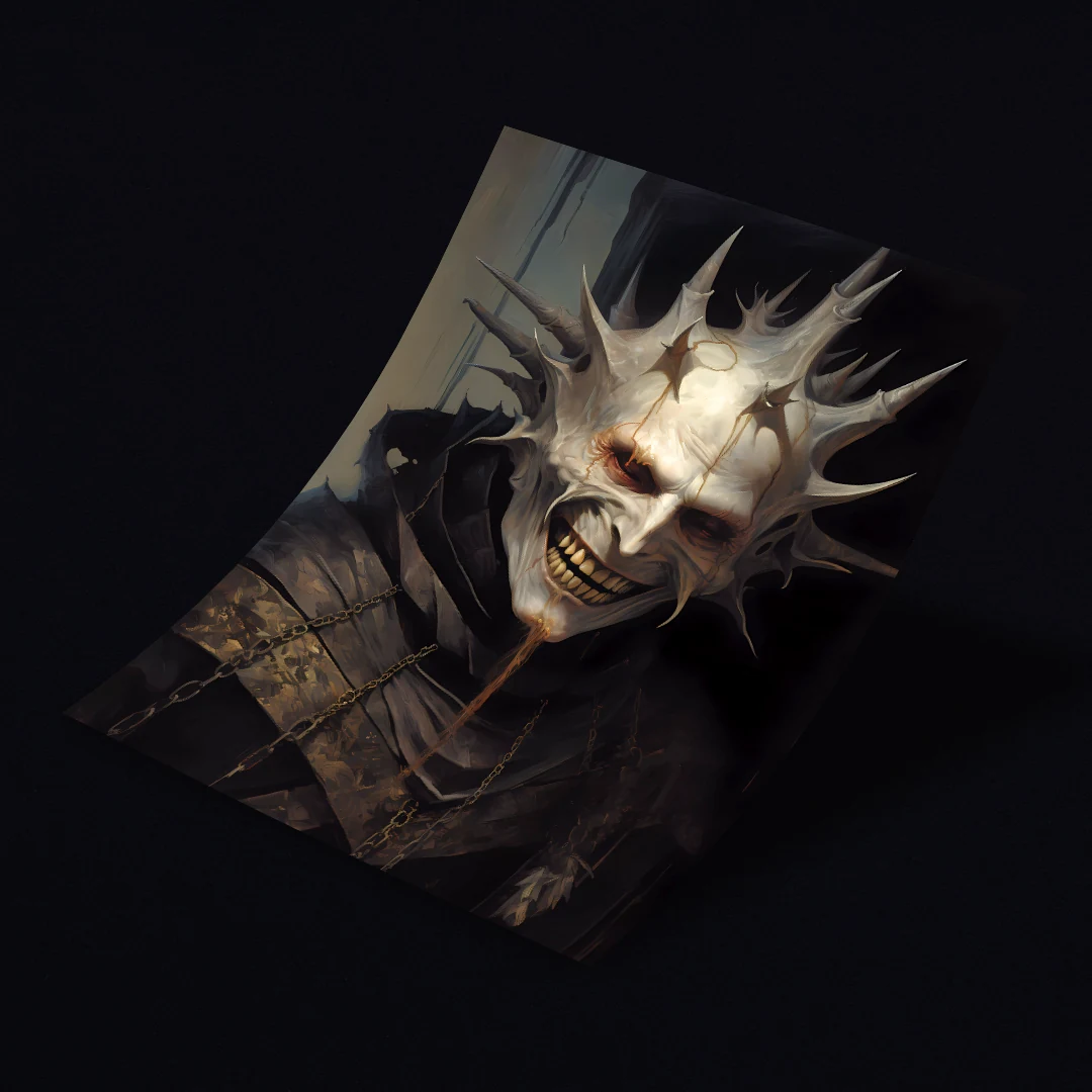 Unsettling artwork featuring a grinning man with sharp head spikes and a torn brown cloak in a dark setting.