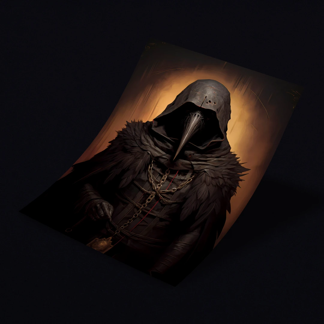 A mysterious figure in dark attire stands against a backdrop of darkness, with only a long beak visible beneath its hood.