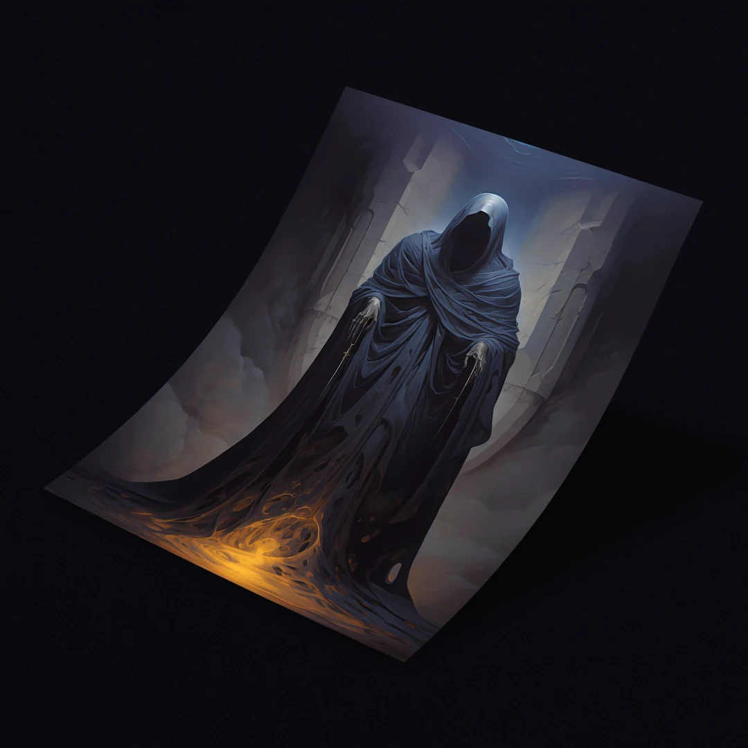 Spell-casting skeleton in a blue cloak surrounded by stone pillars and mystic flames.