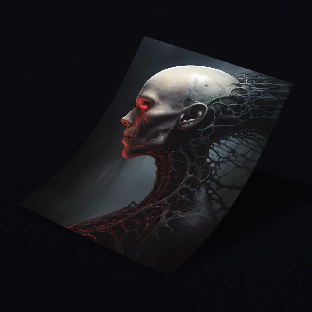 Side profile of a humanoid with a red eye and decayed, organic-mechanical fusion.