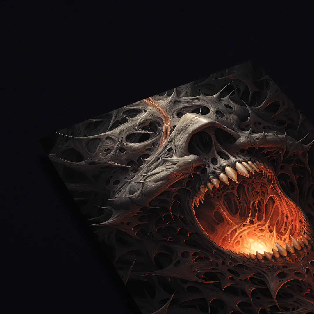 Nightmarish depiction of a skull screaming engulfed in dark, veined flesh.